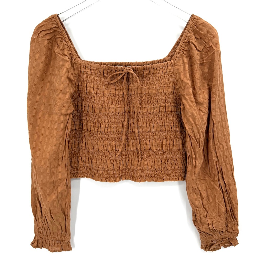 American‎ Eagle Brown Smocked Crop Top Size M Long Sleeve Brown Cottage Coquette